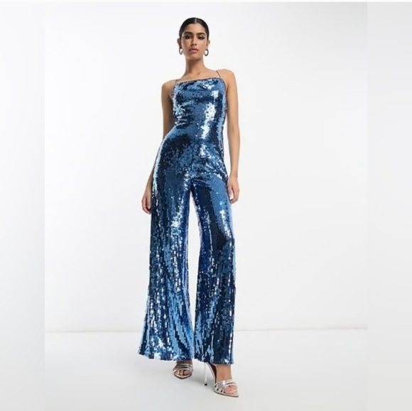 ASOS Blue Sequin Wide Leg Jumpsuit - Picture 1 of 12